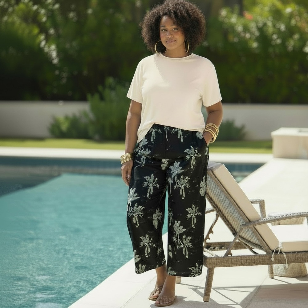NWT J. Jill Black Full Leg Cropped Pants with White Palm Trees Size XL Petite